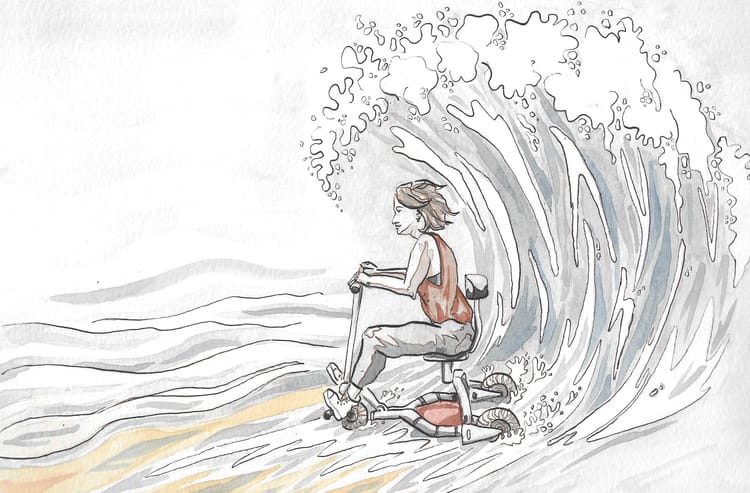 Illustration of Celestine, a white woman wind-swept hair, riding her three-wheeled mobility scooter through an ocean wave.