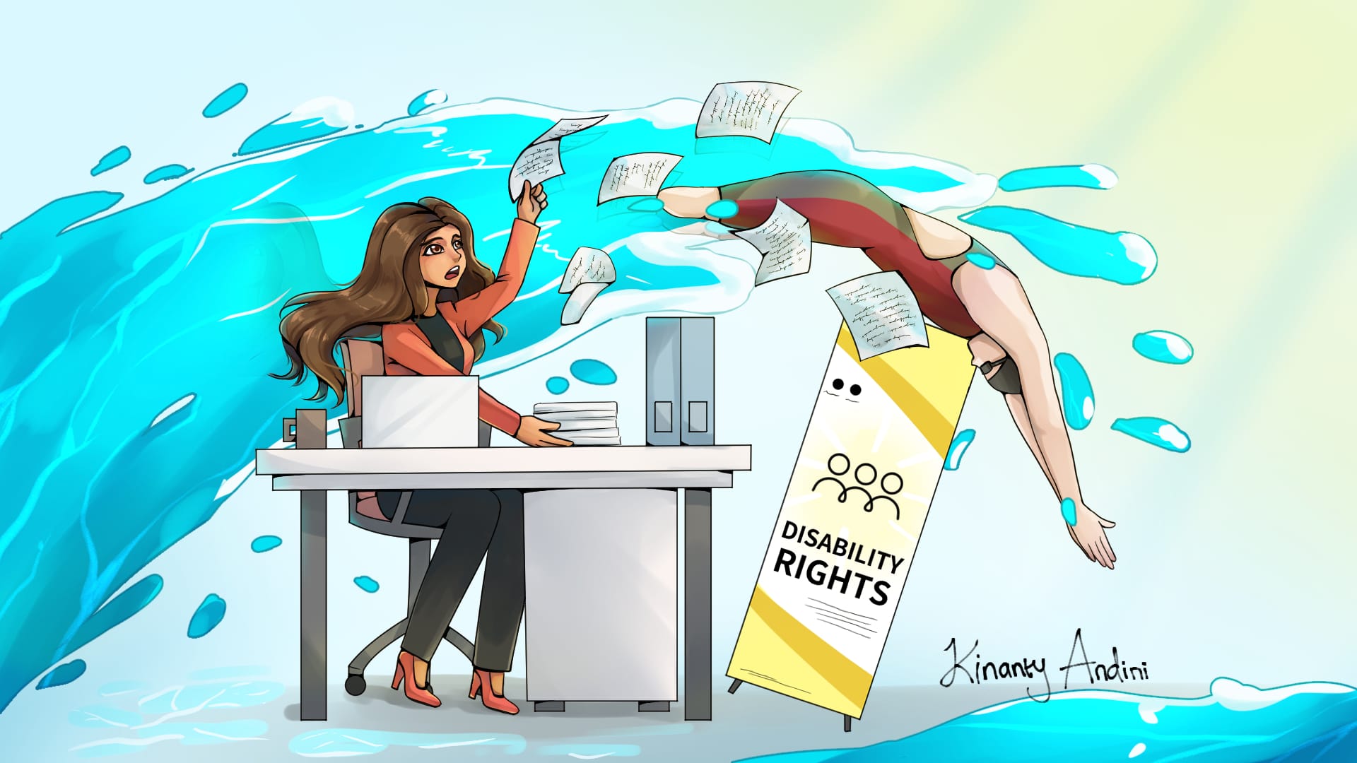 Digital illustration of a male swimmer diving out of a wave, over a woman sitting at an office desk. The woman is shocked and her papers are flying in commotion. The athlete is white with an amputated leg.  The woman has olive skin, and flowing hair. A banner reading "disability rights" is tilting unsteadily under the diver.