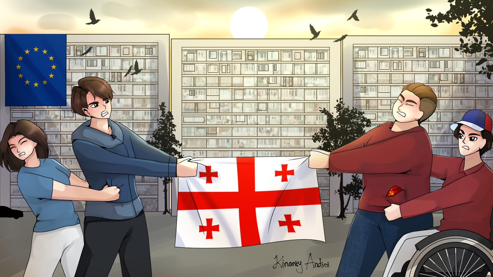 A digital illustration of tug-of-war with the Georgian flag, with Soviet-style flats in the background. On the left a man and woman dressed and blue, with the EU flag behind them. On the right two men, one using a wheelchair, dressed in red. One has a Soviet flag peeping out of his pocket and the other a hat with Russian colours. In the background, outlines of trees and birds.