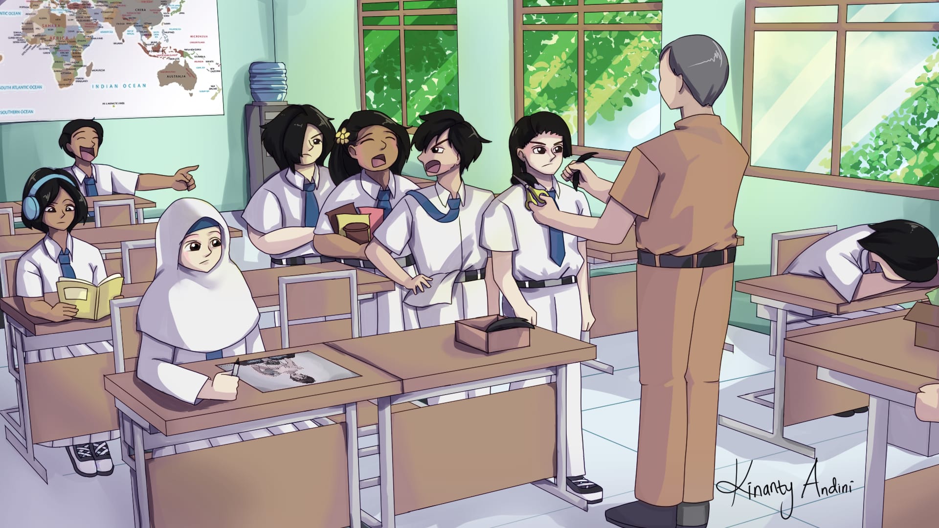 A digital illustration showing a line of children, with a male teacher cutting the hair of the boy at the front. The boy looks defiant while other students react in their own ways. A female student wearing a hijab calmly sketches on her desk, another student with headphones is reading a book, and a different student sleeps at her desk. A world map is visible on the wall, and the classroom appears bright and airy with windows showing green trees outside.