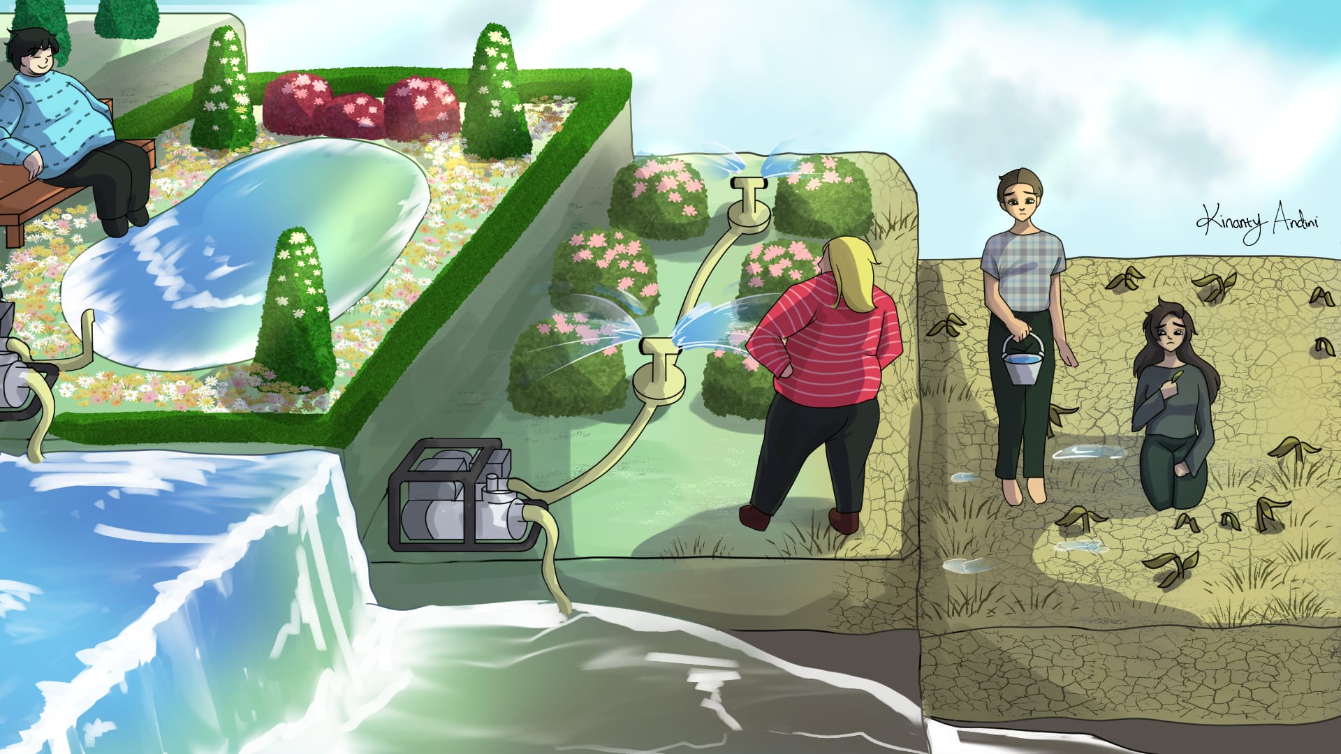 A digital illustration showing three levels of land, the highest with an artificial lake and the lowest parched earth. A river dries up as it goes down, water drawn out by pumps. On the highest layer a large man sits comfortably. On the middle a woman is planting flowers and using water sprinklers. On the lowest, two women stand on cracked soil with a small bucket of water and wilted plants.