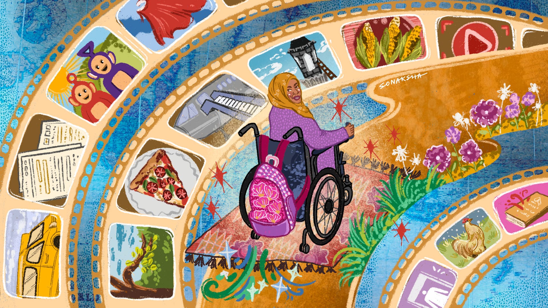 Digital illustration of Tanzila on her powerchair, riding a magic carpet and framed by film negatives. She is a woman with brown skin wearing a hijab, purple jacket, and a purple backpack is strapped to her chair. The negatives show scenes including a lush garden, a slice of pizza, staircase heading to an airplane, a tower, corn, chickens, a book, teletubbies, a bus and a red cape. 