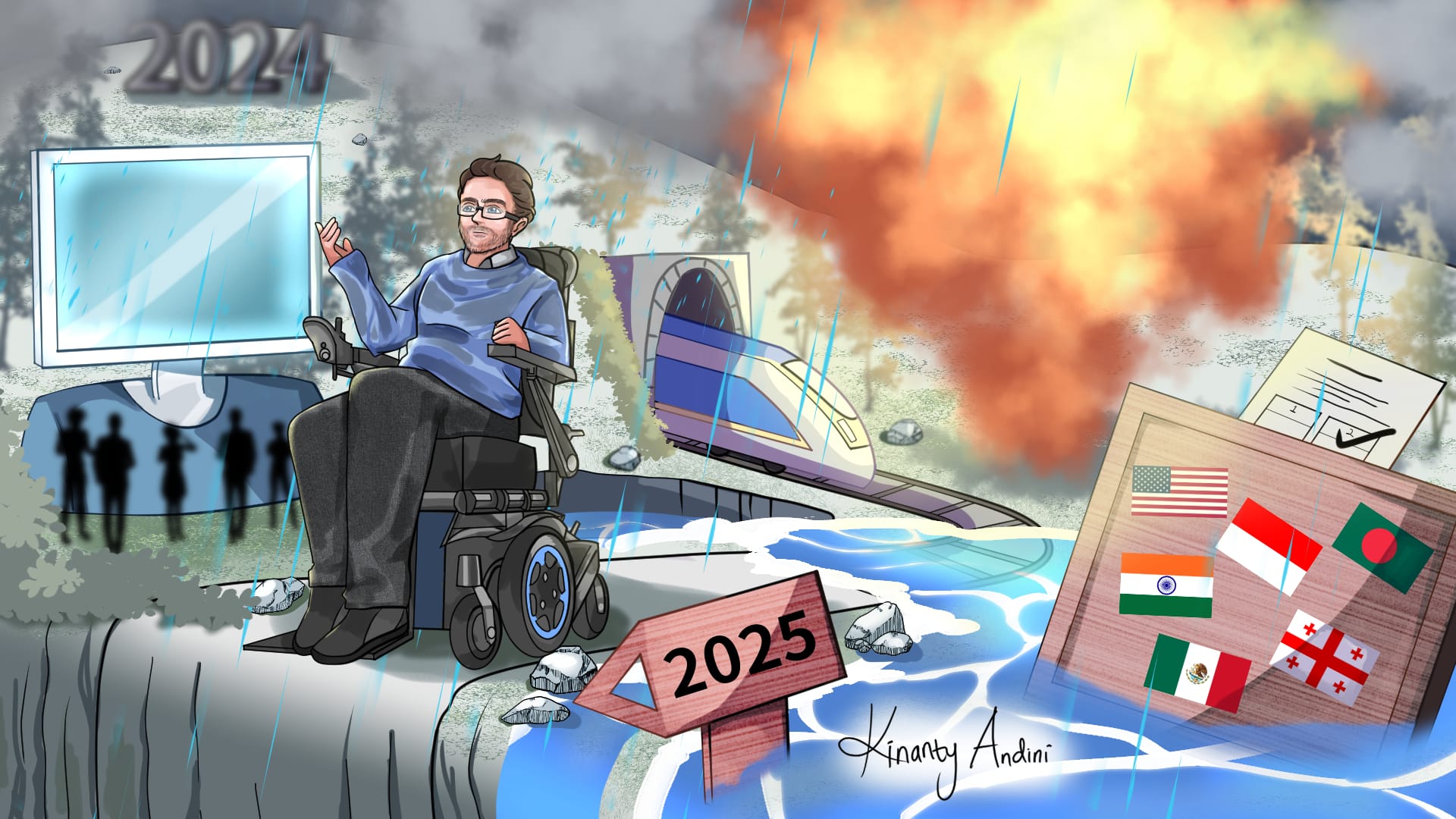 A digital illustration of showing Peter, in an electric wheelchair, going through scenes of 2024. People gather around a large monitor, a train comes out of a tunnel, a ballot box with flags floats in a flood, and explosions mark the background. Ahead of Peter is a sign pointing towards 2025 and a cliff-edge.