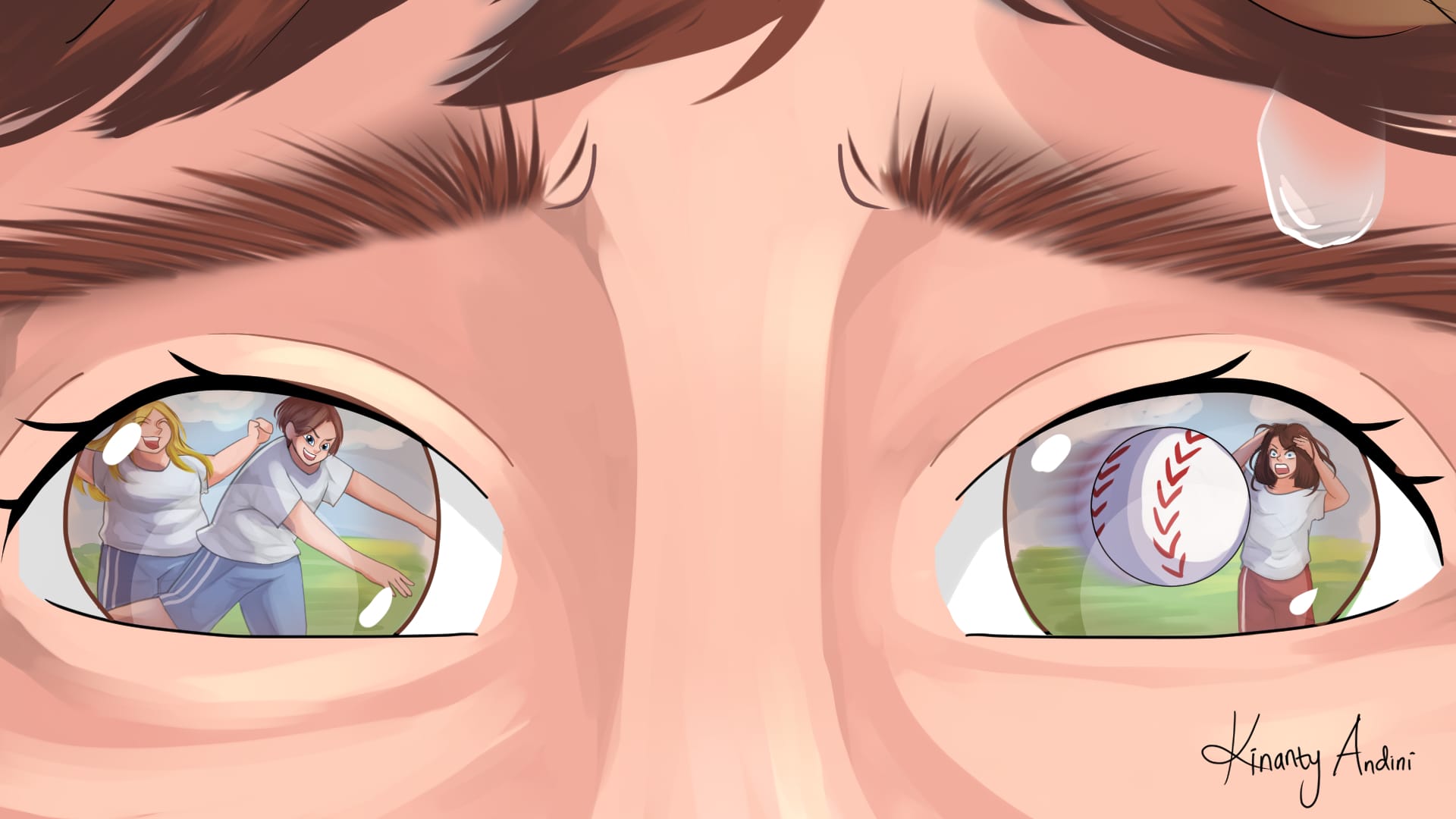 Digital illustration of a close-up on a nervous face with a scene of baseball played out in the eyes. A bead of perspiration gathers under brown eyebrows and hair. In the left eye, a boy satisfied after a throwing action and a girl cheering behind. In the right eye, a ball speeds by and a girl in different coloured shorts, grasps her hair, angry.