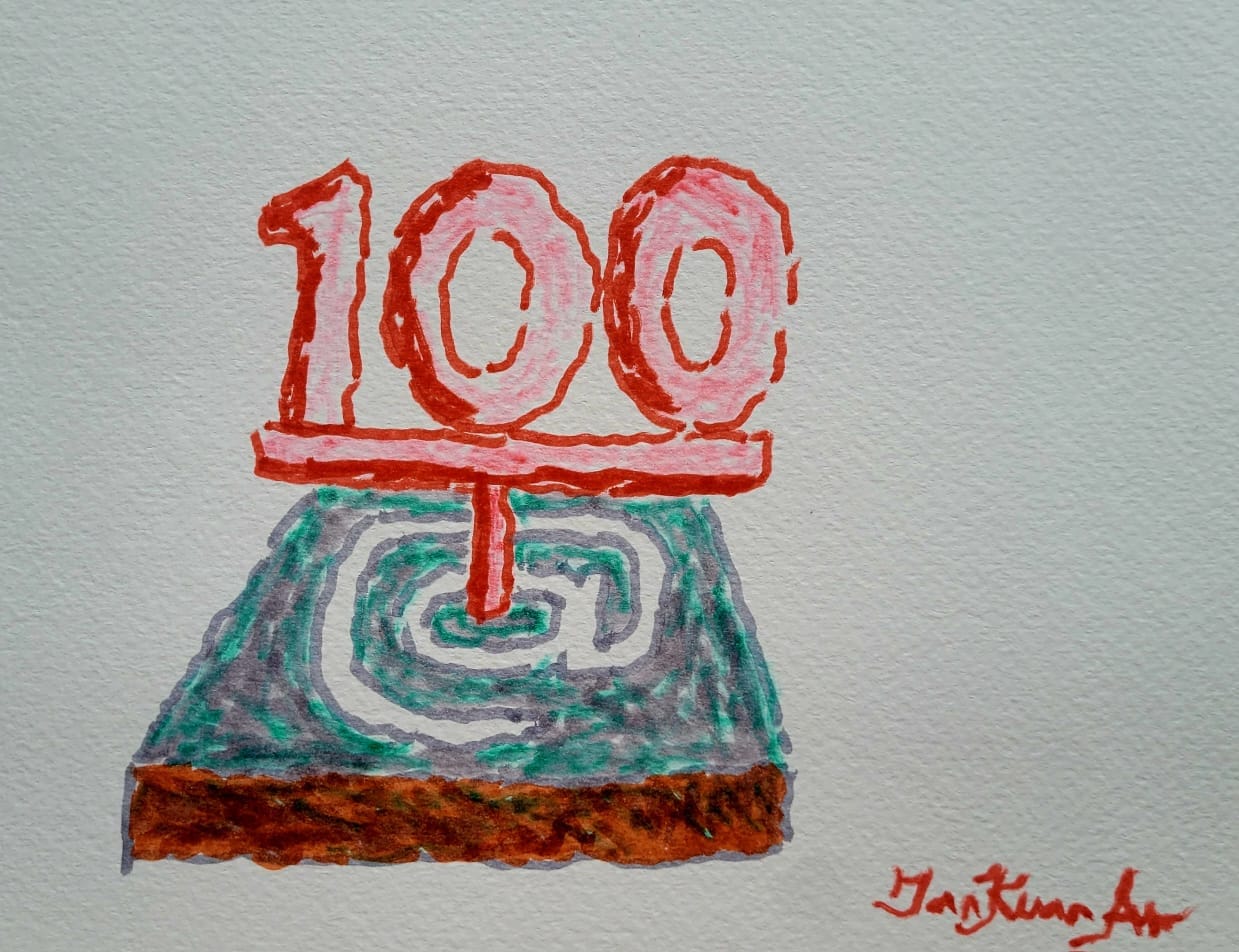 Watercolour illustration of a turquoise-topped cake with an @ sign and a large red 100 placed on top like a candle. Signed Tan Kuan Aw.