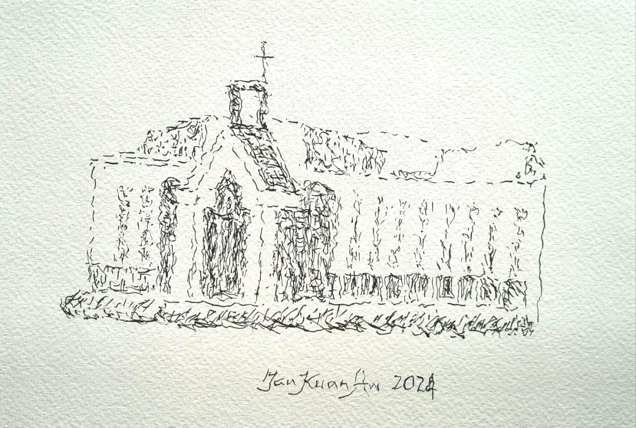 Line outline drawing of a large church building with an imposing facade. Signed Tan Kuan Aw 2024.