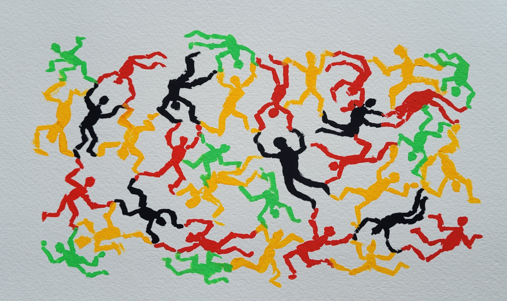 Watercolour of stick figures of different colours, each interlinked with its neighbours.