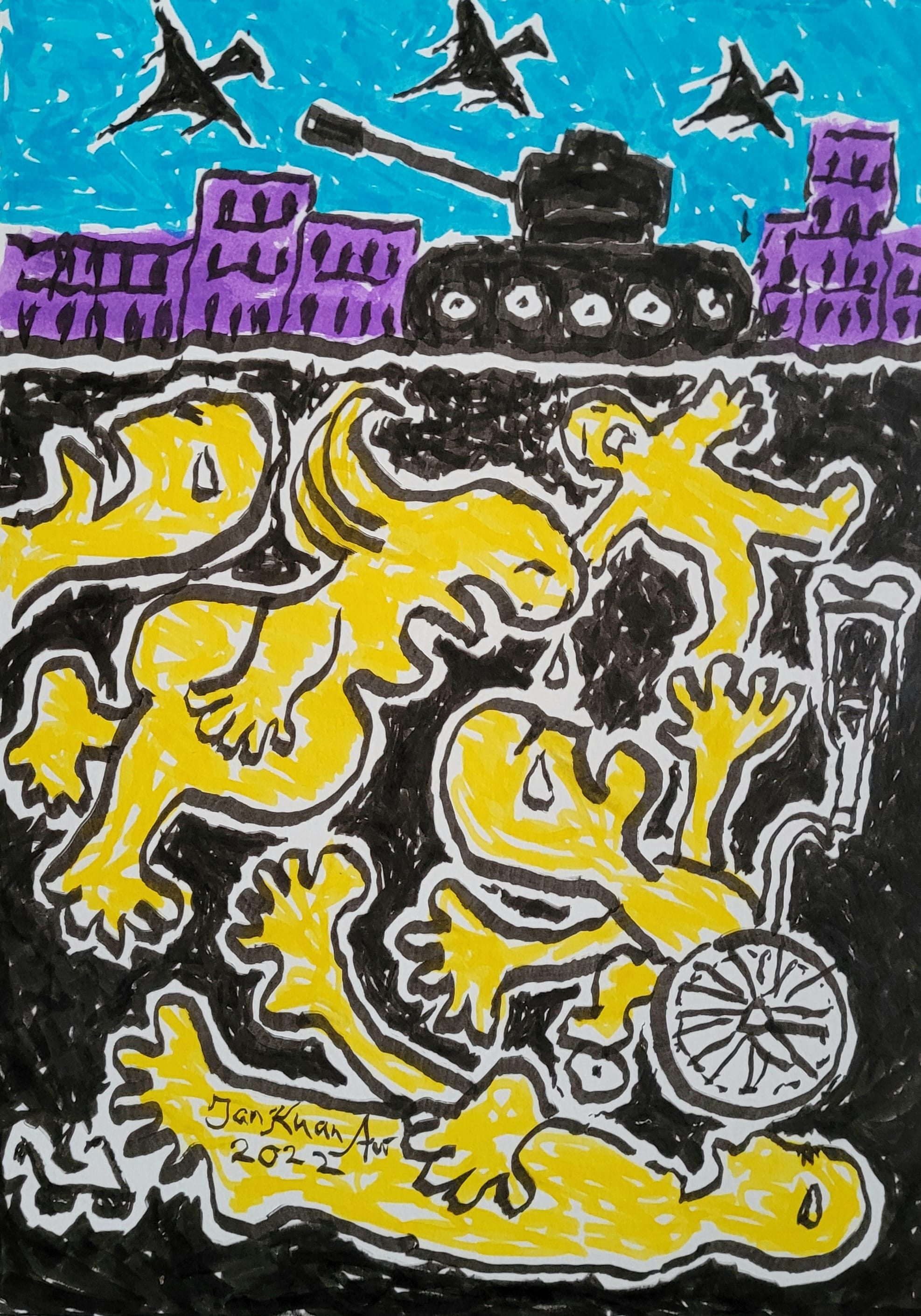 Vertical watercolour image. Top quarter sees black tanks and planes move through a purple cityscape and blue sky. Bottom three-quarters are underground, splayed yellow figures, one a pregnant woman crying, a child, a wheelchair user, a crutch, dark glasses.