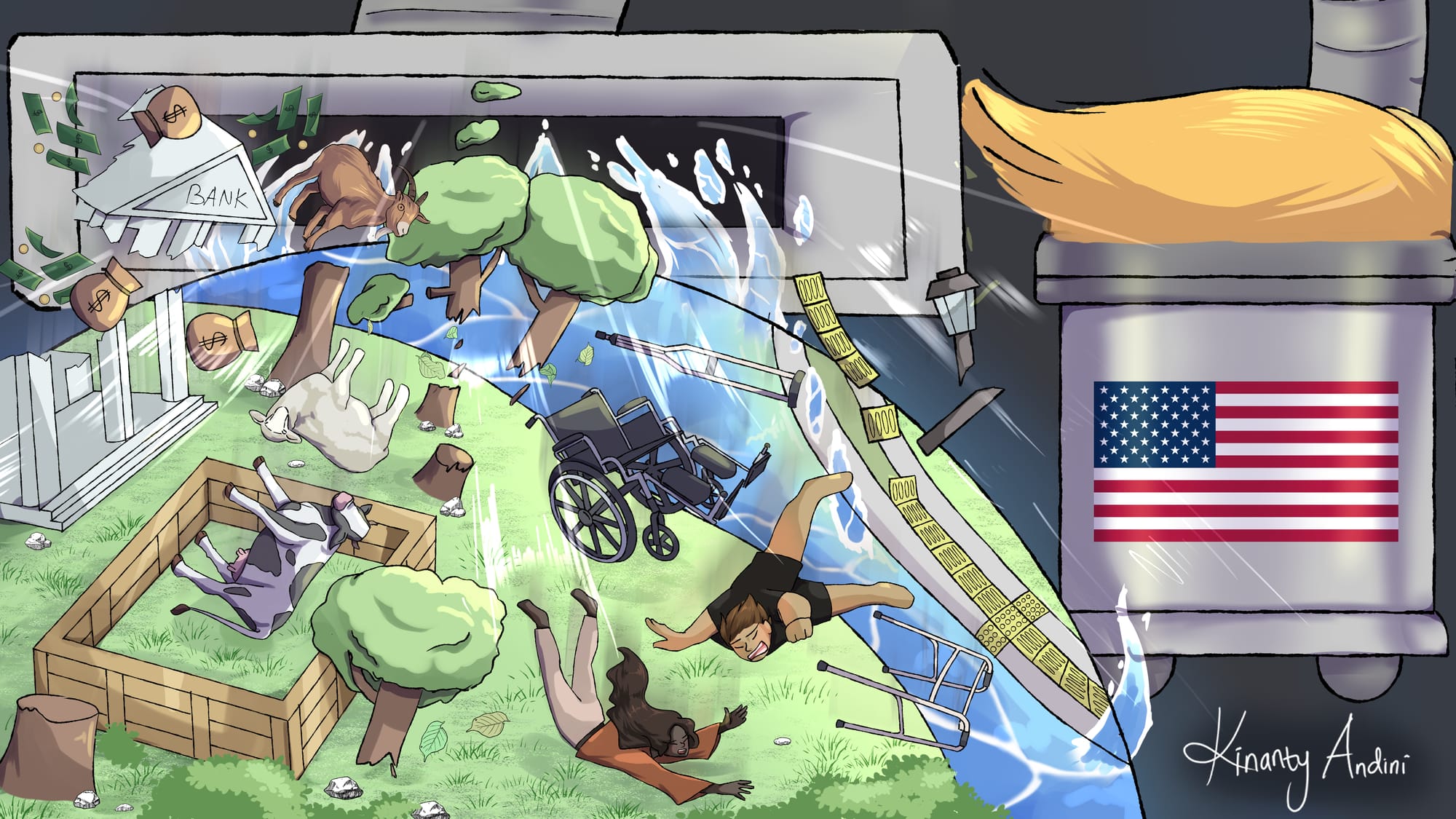 A digital illustration showing people and objects being sucked up off the planet by a giant vacuum cleaner with an American-flag and Trump-like hair. The objects include wheelchair, crutches, tactile surfaces, money, and trees. 