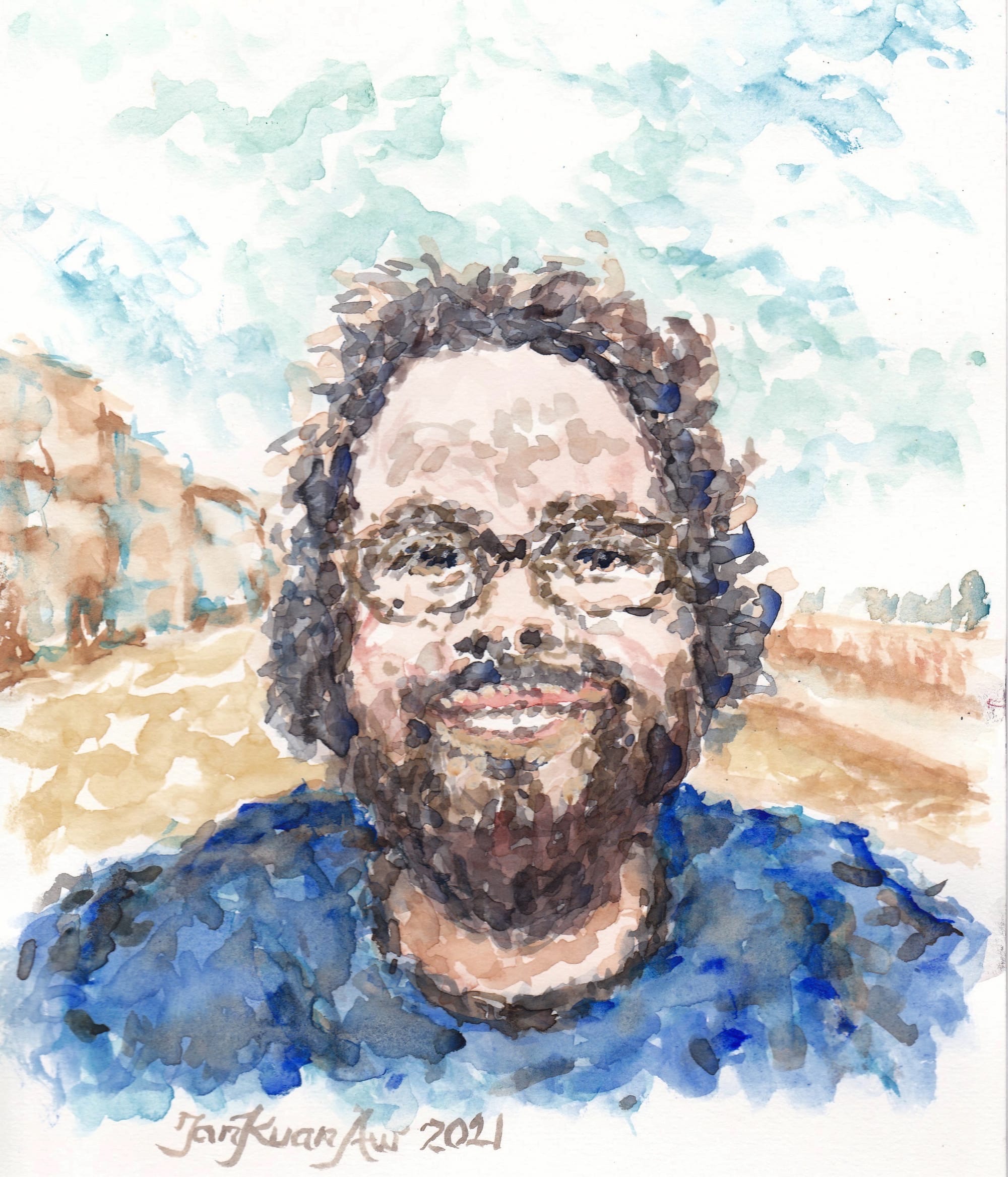 A watercolour portrait of Peter, a white man with dark curly hair, glasses, a beard, and a dark blue jumper. Signed Tan Kuan Aw, 2021