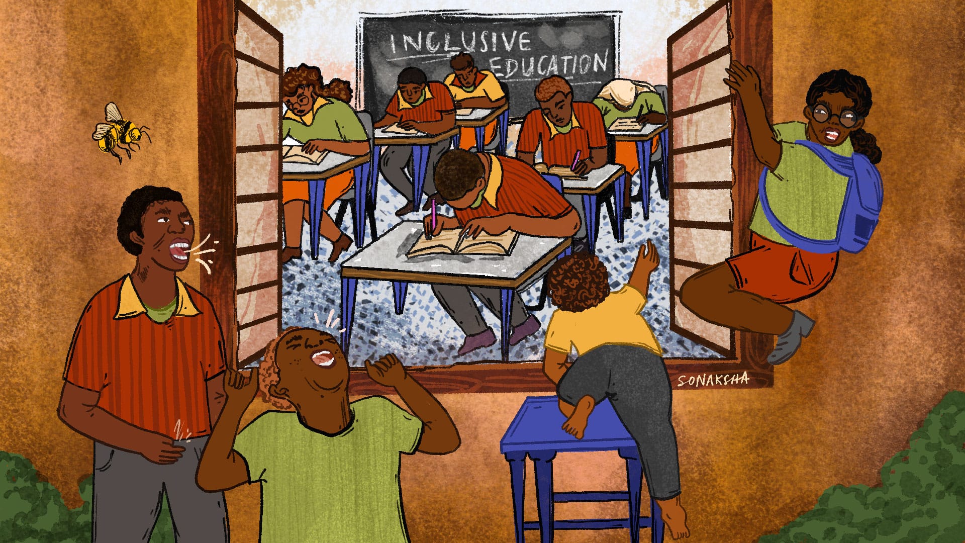 An illustration of Black children in colourful uniforms, some sitting inside a classroom rigidly studying and others on the outside noisy and restless. Seen through an open window, in the classroom  students lean over their books and the blackboard has "inclusive education" written on it. Outside children look noisy and climb as if into the class from a bench and the window pane. A bee flies around them.