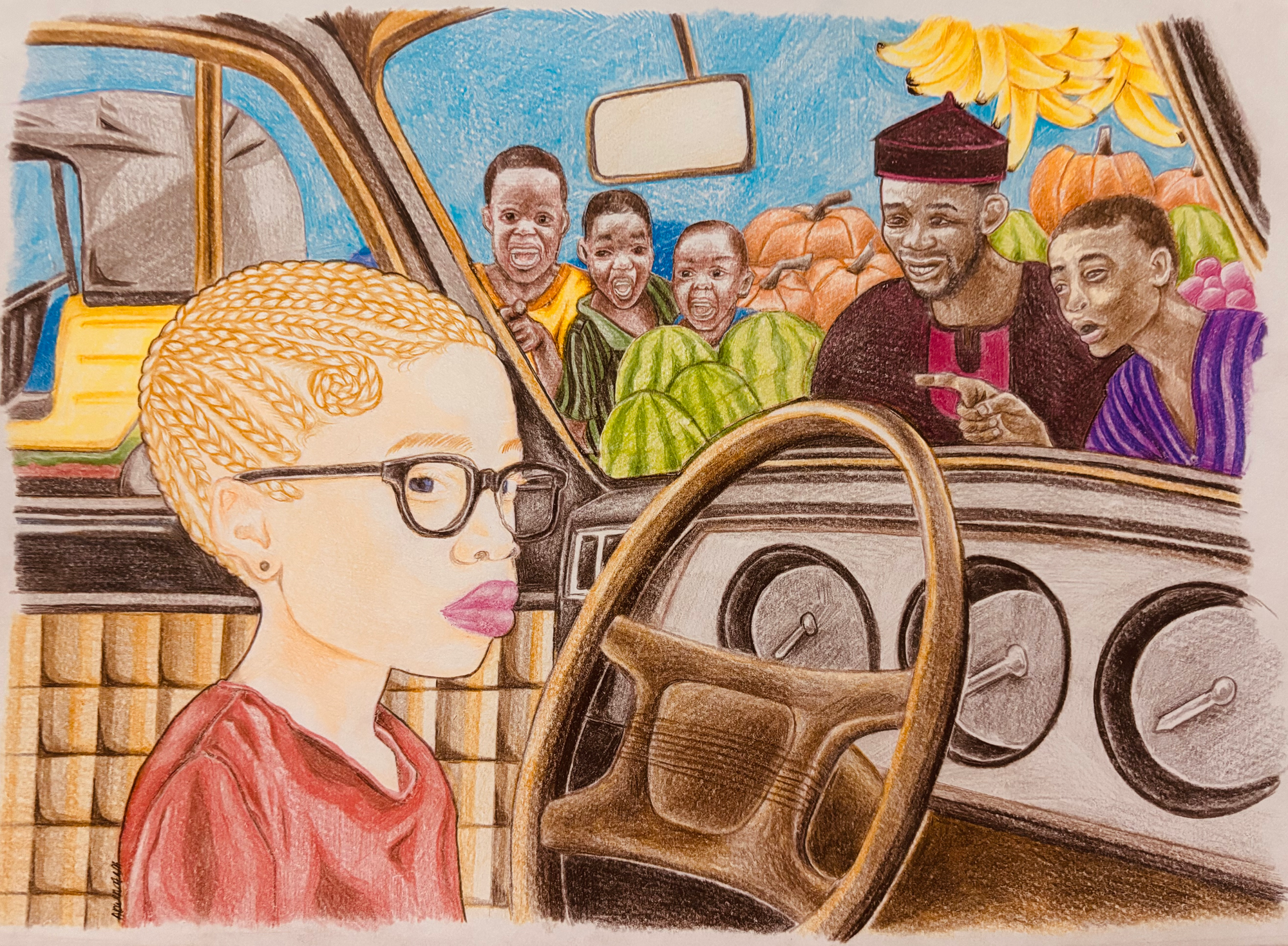 Colour pencil illustration of a young girl with albinism in a car as children and adults outside point, stare and laugh. The girl wears a red t-shirt and glasses, poised, conveying calm confidence. Scene is a vibrant Nigerian fruit market with produce on display, and a yellow tuk-tuk is visible. 