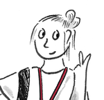 Line illustration of a young woman with hair tied behind her head. She has a small smile, inquisitive eyes and is making a peace sign with her hand.