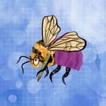 Illustration of a bee wearing spectacles while smiling, holding a pen and wearing a purple outfit.