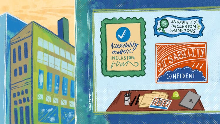 Illustration of a window with framed certificates and awards celebrating inclusion. A background of other office buildings.