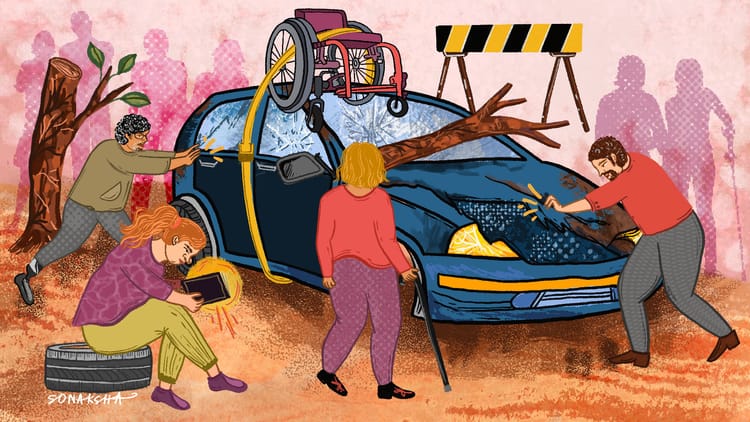 Illustration of people surrounding a broken down car, with a wheelchair haphazardly strapped on top of it.