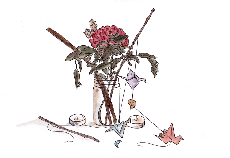 A watercolor illustration of a glass jar holding sticks, a red flower, and leaves. By its side, candles and paper cranes.