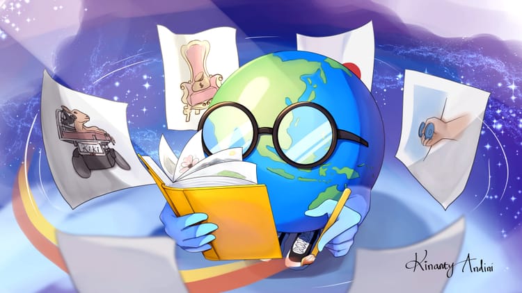 Digital illustration of a globe, with arms and legs, holding a sketchbook and surrounded by flying papers.